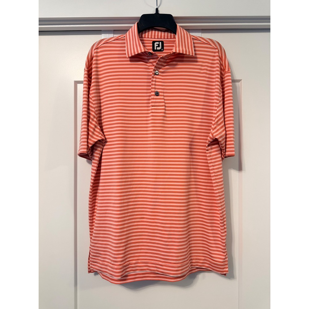 FootJoy Mens ProDry Golf Polo Shirt Medium Coral Pink White Striped Short Sleeve